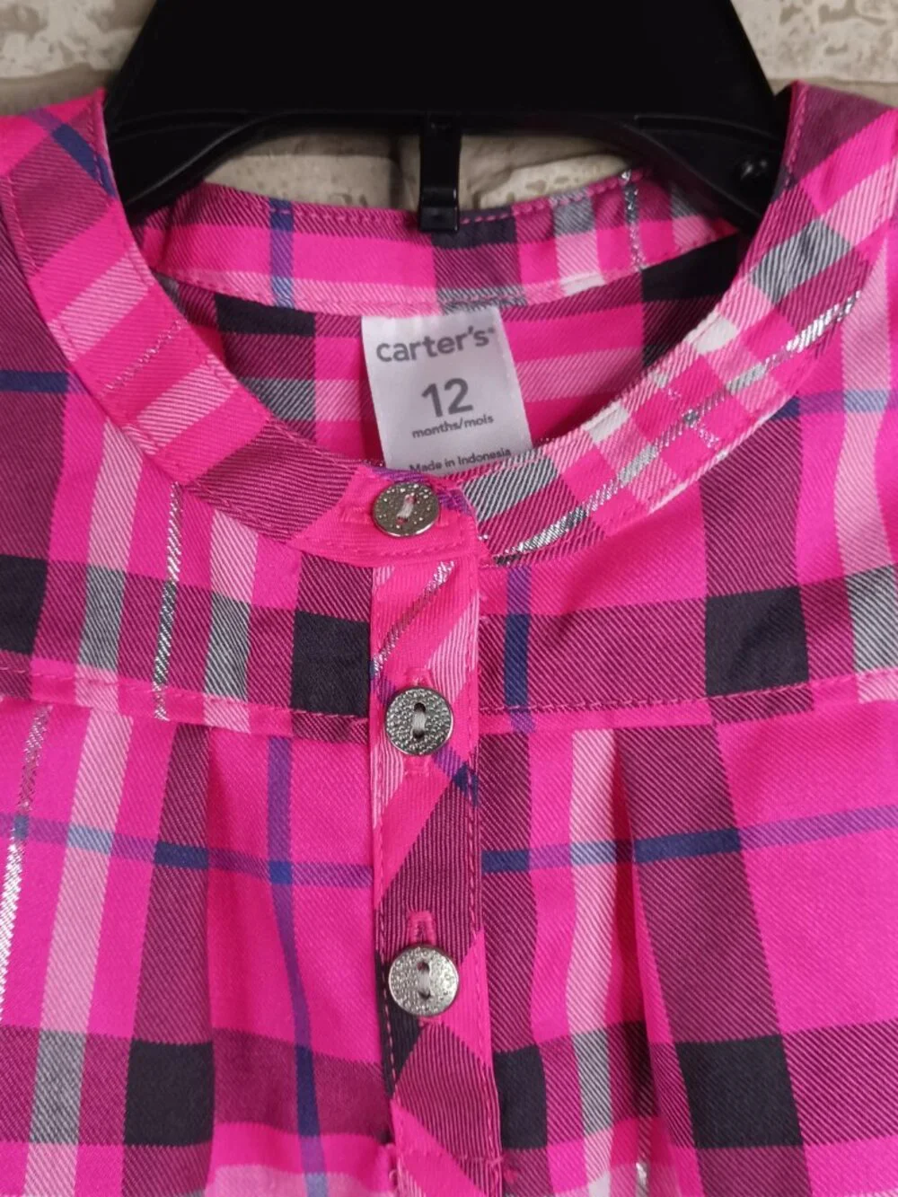 Carter's Girls Size 12M Top Pink Plaid 1/4 Button Long Sleeve Shirt